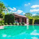 Swimming pool with outdoor view and beautiful Architecture building with tuscany style - Vintage Filter